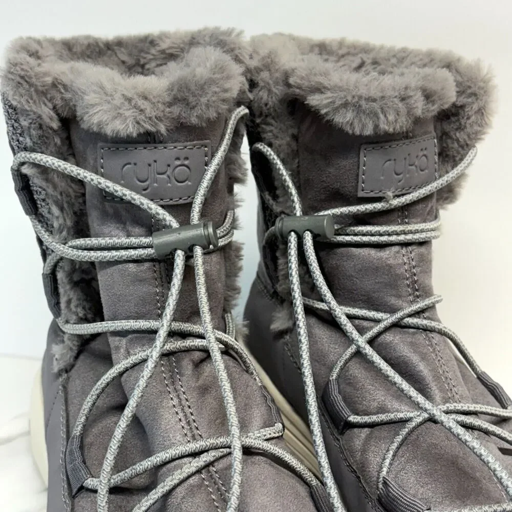 Ryka Boots Womens‎ 9 Gray Faux Leather Faux Fur Lined Aubonne Elastic Bungee
